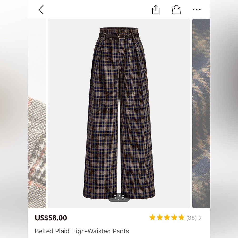 Commense Brown Plaid High-Waisted Pants